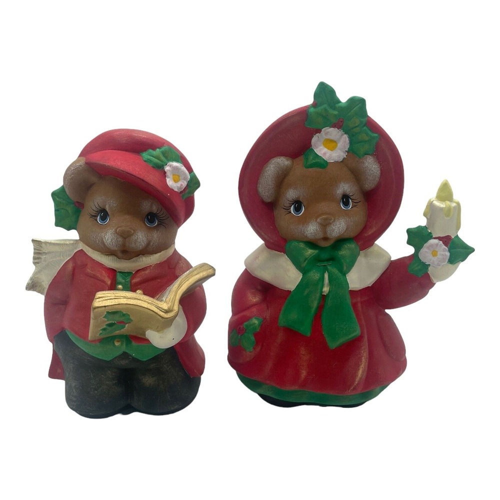 Pair of VTG Hand Painted Christmas Teddy Bear Figurines Boy & Girl‎ 9" Tall
